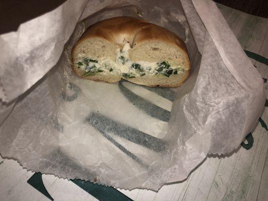 Scallion cream cheese on a plain bagel lightly toasted yum two thumbs in my books