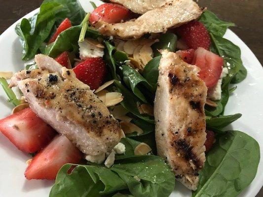 Strawberry Spinach Salad with a grilled chicken breast.