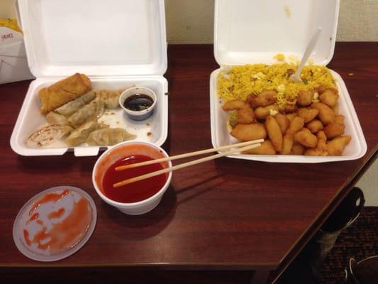 Fried dumplings, sweet and sour pork, fried rice