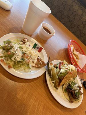 Tripas taco,  lengua hard taco and cheese enchilada