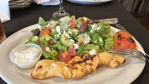 Chicken kabob and Greek salad