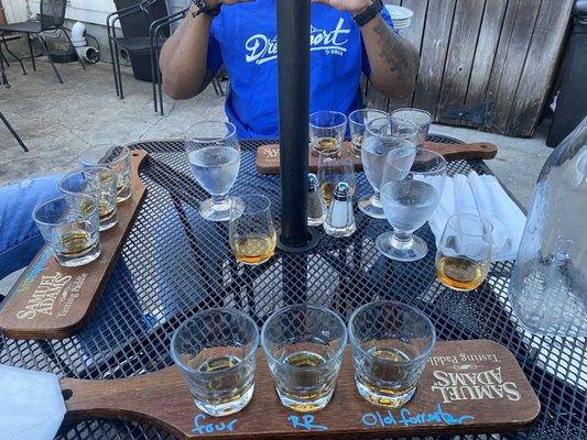 Flight of Four Roses 2017 LE, Russels Reserve, and Old Forester.  All are private barreling.  Also a dram of Handy Saz.