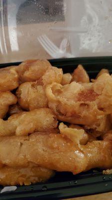 Honey chicken which is extremely over cooked and dry