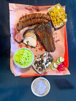 "Tray for Two" ($55), 1 lamb chopis ($10), 2 fajita sausages ($8 each), and a pint of green spaghetti ($12)