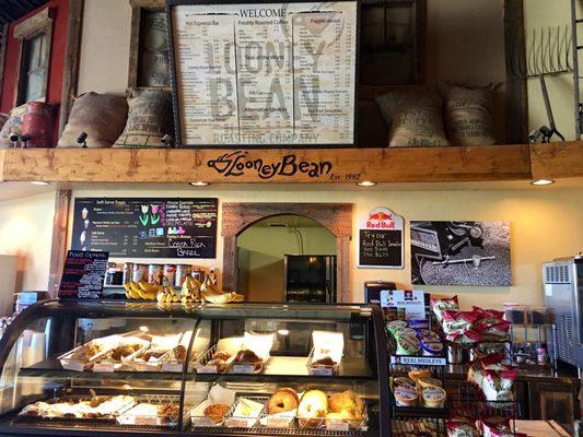 Looney Bean menu and pastry case.