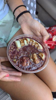 Liquid acai bowl and stained clothing.