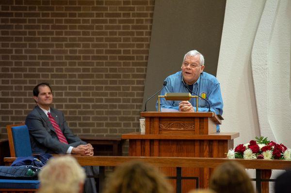 Joe Campbell in the chapel for a Veterans Day ceremony. Dr. Dan Zomchek, CEO (left).