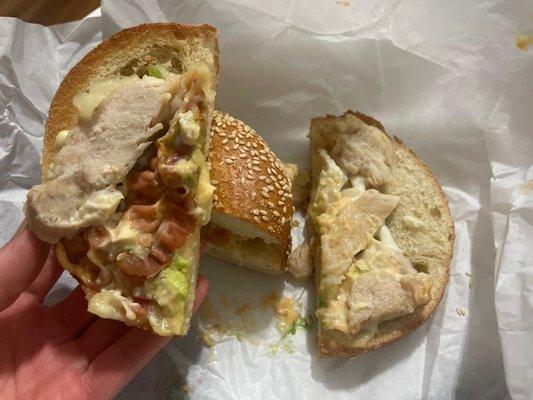 This is a photo of a WTF bagel??! Bc what I know is that I order a Turkey AVOCADO!! Wheres my avocado and my turkey at???!