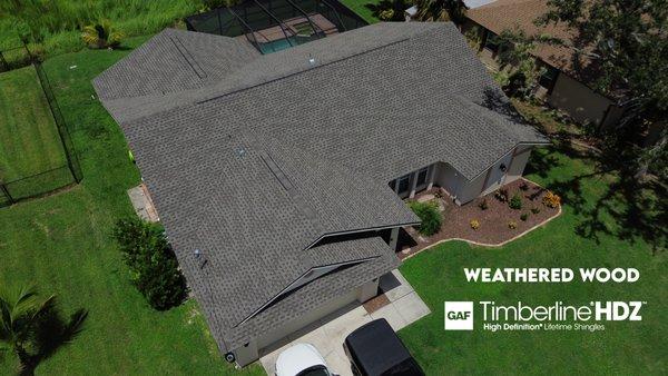 GAF Timberline HDZ shingles in the color 'Weathered Wood'