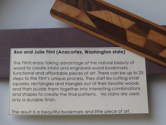 Each inlaid, wood bookmark comes with an envelope and artist's fact sheet.