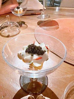 Choclo - caviar ( it was corn bread at the bottom and then chive cream and then caviar ) it was my favorite appetizer of this dinner