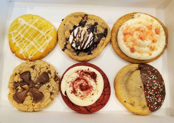 Lemon glazed, S'mores, Strawberry Crunch, Peanut Butter, Red Velvet, and Chocolate Chip Oreo