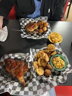 Half bird, double order of fried squash, Mac and cheese, hush puppies and brisket sandwich.