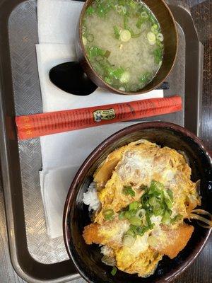 Katsu Don with Miso soup. Popular dish.