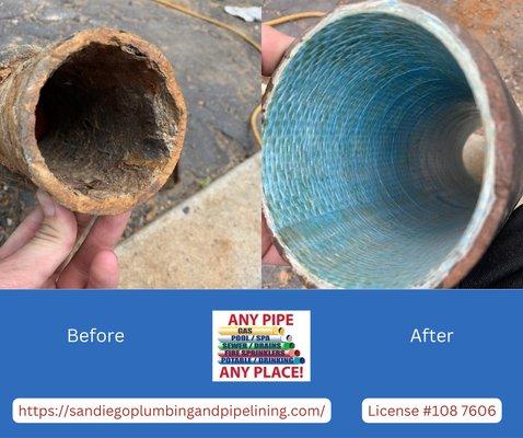 Cast iron pipelining in San Diego before and after image