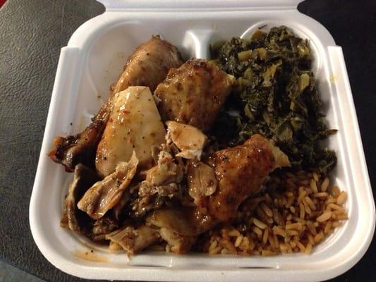 Jerk chicken with rice and beans, and collards :)