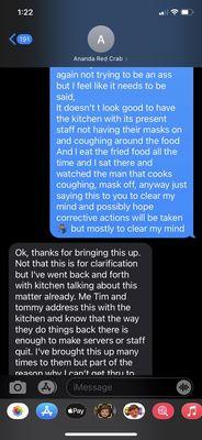 Messages between me and head manager of RED CRAB in Addison on beltline, Amanda