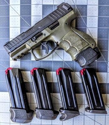 H&K VP9 SK, OD Green, Paddles, no optic, 10 and 15 Rd. magazines with 4 different bases, optional H&K red aluminum magazine followers.