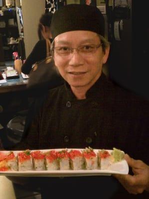 Tomi presenting for our enjoyment a Red Dragon Roll.