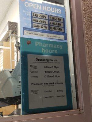 Pharmacy and pharmacy drive-through hours.