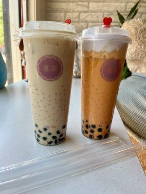 lychee oolong tea with boba - large; thai milk tea with boba & taro milk foam - large