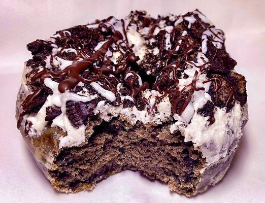 Mrs. Murphy's Cookies and Cream donut - glazed chocolate cake donut with vanilla icing, crushed Oreos and chocolate drizzled on top