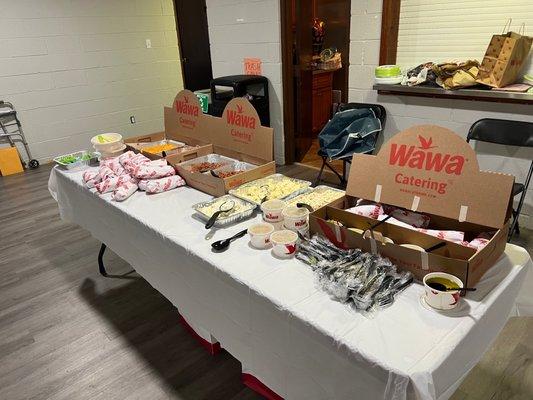 Meatballs, Mac and cheese, pulled pork, coleslaw, hoagies, soup, and everything was labeled.