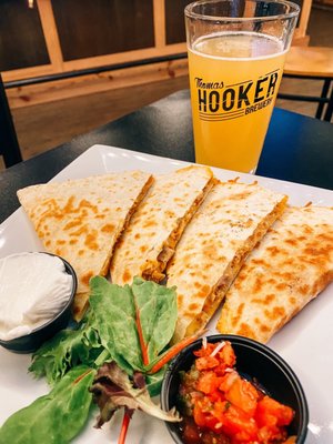 Chicken quesadilla and their sizzling hippie IPA