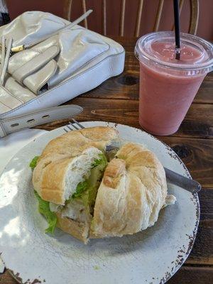 Smoothie and chicken salad sandwich