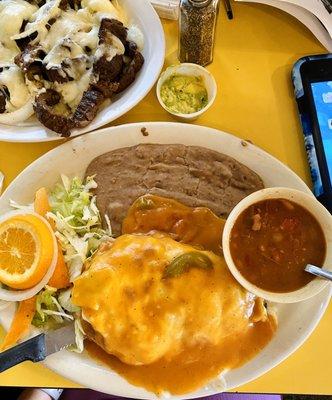 Beef Chile Relleno with refríes and charro beans.