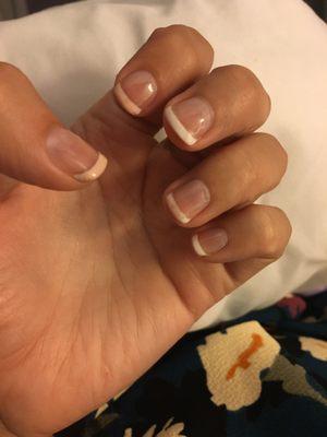 Not so white tips... top layer turned brown/pink w/in 3 days. So disappointed. Looks terrible! (Middle finger stayed whitest for comparison)