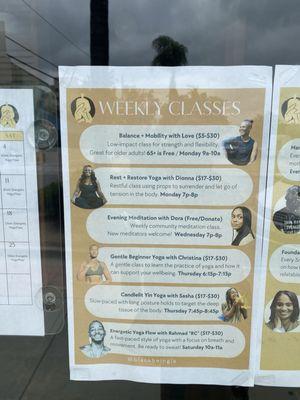 Weekly classes calendar