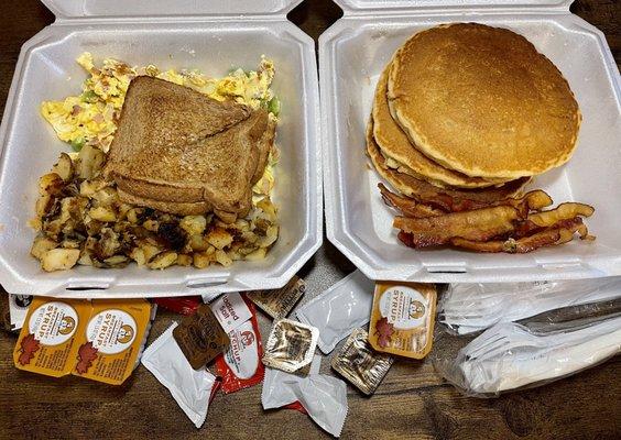 Bob 's Favorite and banana walnut pancakes with bacon