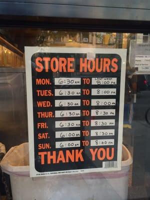 Their hours as of July 2015. The hours on the right appear to be last wash hours, so you could stay until 9 or 9:30.