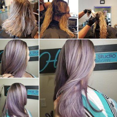 Process of creating lavender hair. 4 hours and 4 different sessions to the final look.