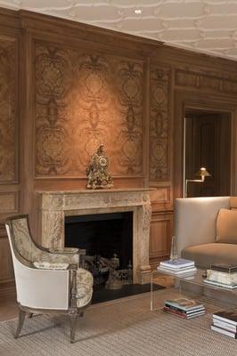 Antique marble fireplace mantle in upscale home office