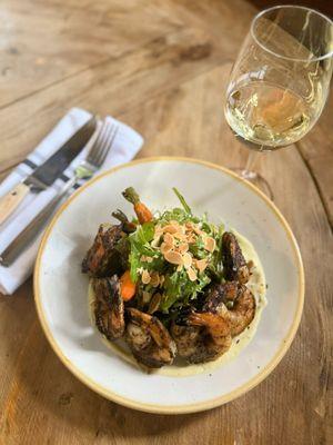 A light dinner; Wood Grilled Jumbo Shrimp. Market salad, lemon-basil aioli, fennel agrodolce, toasted almonds. Dinner South Burlington, VT.