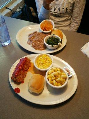 1st plate Meat loaf plate with Mac and cheese plus creamed corn. 2nd plate Beef tips with some green stuff and asked sweet potatoes