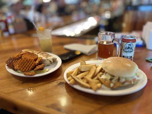 Fish sandwich and buffalo chicken wrap.  Delicious.