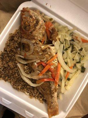 $15 escovitch fish with rice and peas and veggies. Big portion size