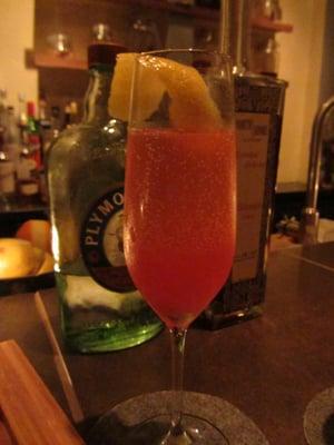 French 75 twist: Plymouth gin, North Shore "eldergin", lemon juice, Feuillatte premier cru