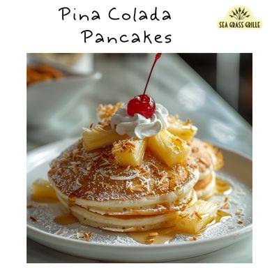 A tropical breakfast - Pina Colada Pancakes served up with Vanilla Rum Syrup!