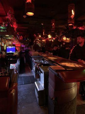 Main bar and one view of interior.