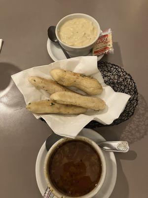 Hearty Italian Minestrone Soup, garlic breadsticks, and cream of chicken soup