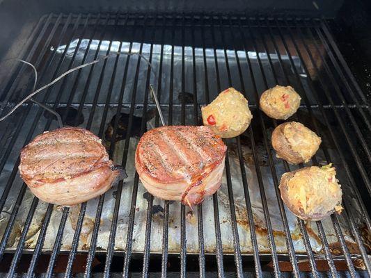 Wassi's filet mignon & crab stuffed mushrooms on my Traeger