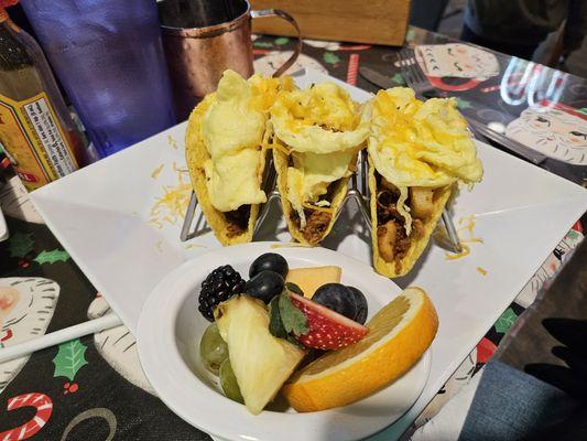 Gluten free breakfast taco and fresh fruit side