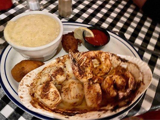 Scallops and shrimp - blackened - with creamy grits!