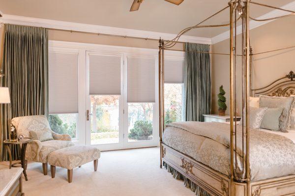 Cellular shades and drapes are a match made in heaven for beautiful & functional window treatments for bedrooms across the Treasure Valley.