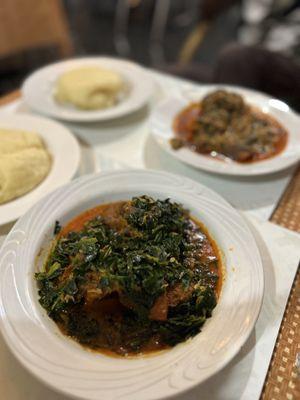 Efo with beef, chicken, and pounded yam.