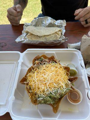 Chicken taco bowl and carne asada burrito